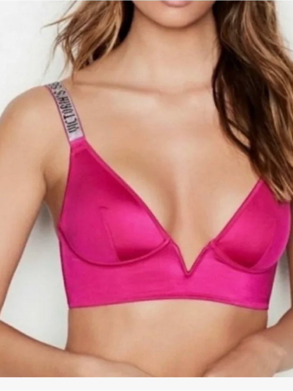 Victoria's Secret Hot Pink Satin Underwire Bra w Embellished Rhinestone Straps